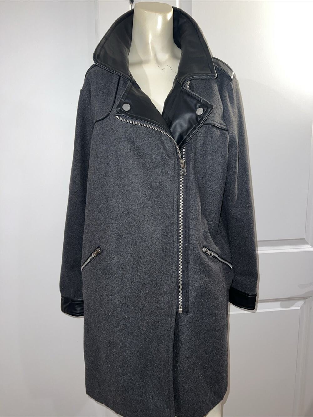 Miss London Black Coat Size Medium Wool Jacket With Pleather Black Detail